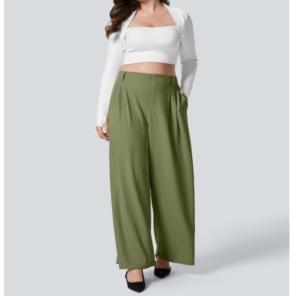 Halara Flex High Waisted Pocket Wide Leg Waffle Work Pants Loden Green Sz L NWT